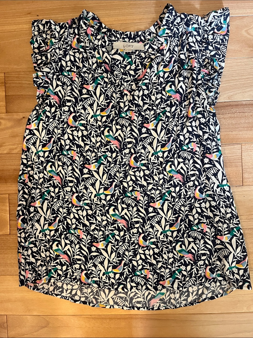 LOFT Navy Floral & Bird Print Flutter Sleeve Top